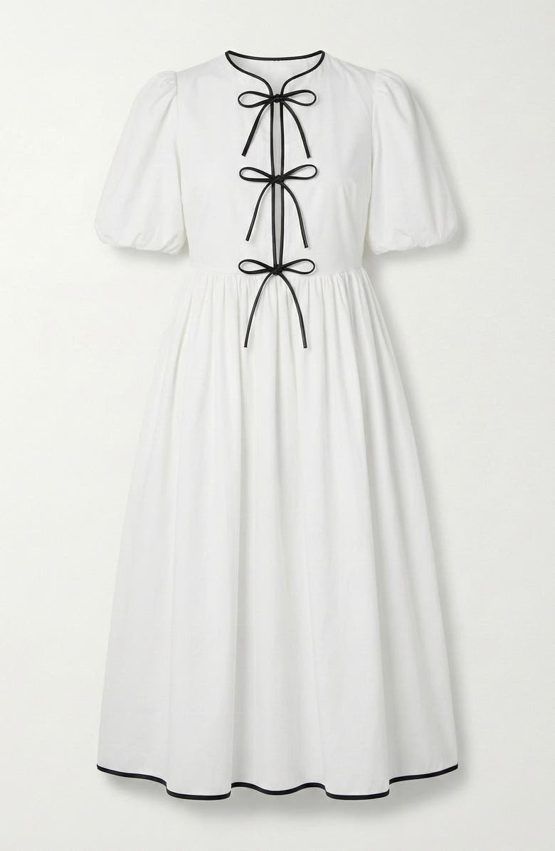 Modenaire Puff Sleeve Midi Dress with Tiered Front Ties and Contrast Trim, Alternate, color, White / Black Trim