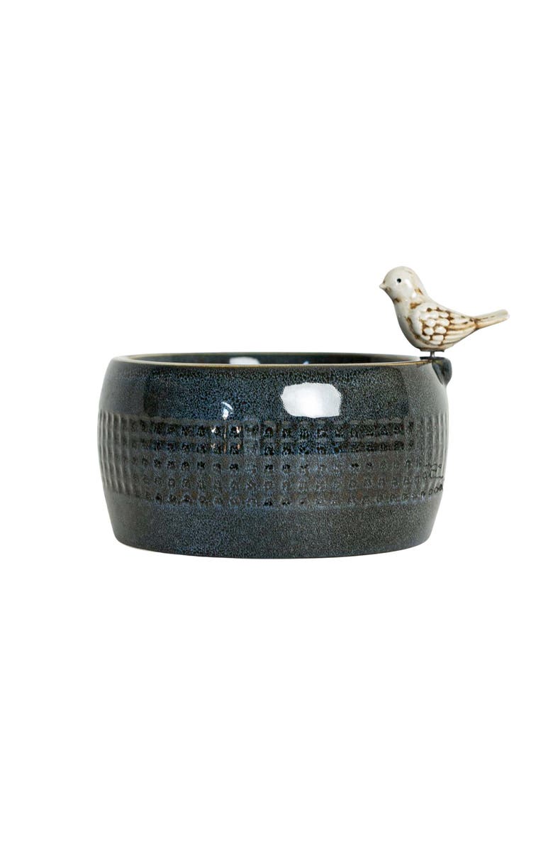 Foreside Home and Garden 8.86" Blue Porcelain Bird Fountain with Natural Pebbles & LED Lights, Main, color, Blue