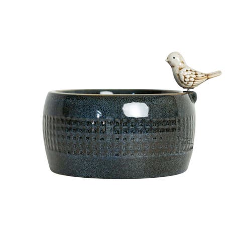 8.86" Blue Porcelain Bird Fountain with Natural Pebbles & LED Lights