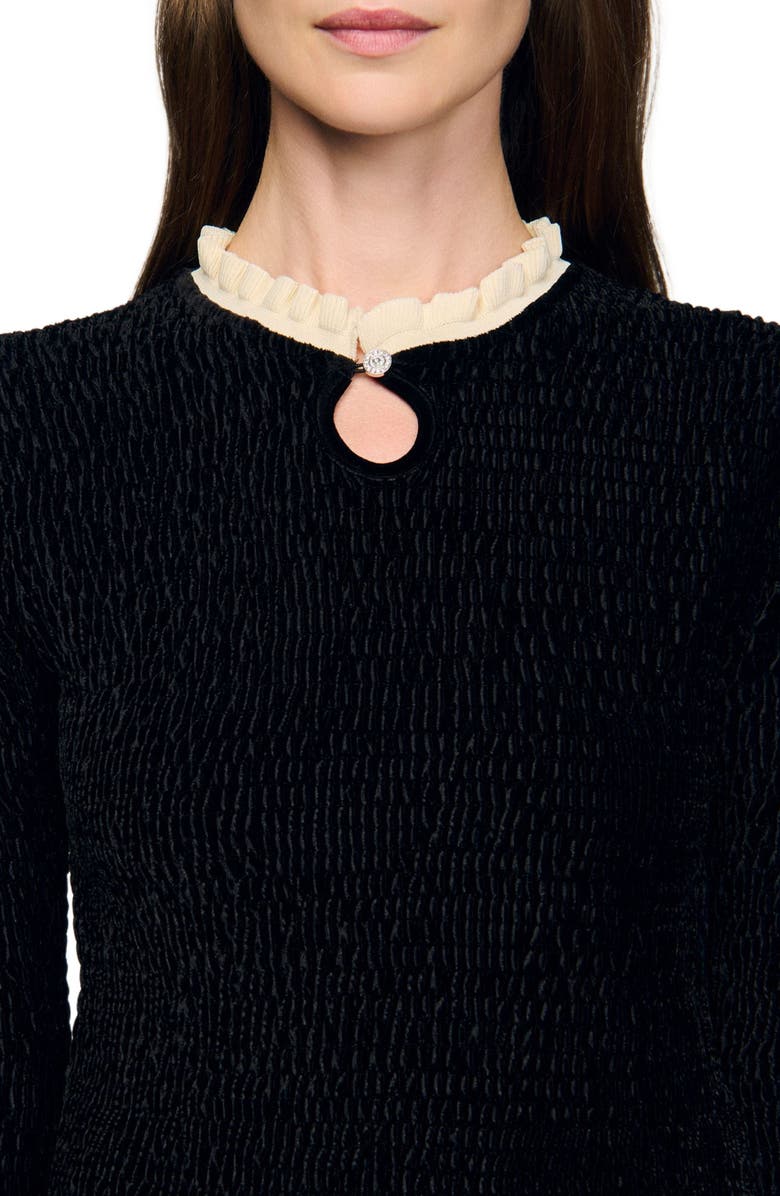 SANDRO Smocked long-sleeved shirt, Alternate, color, Black / Ecru