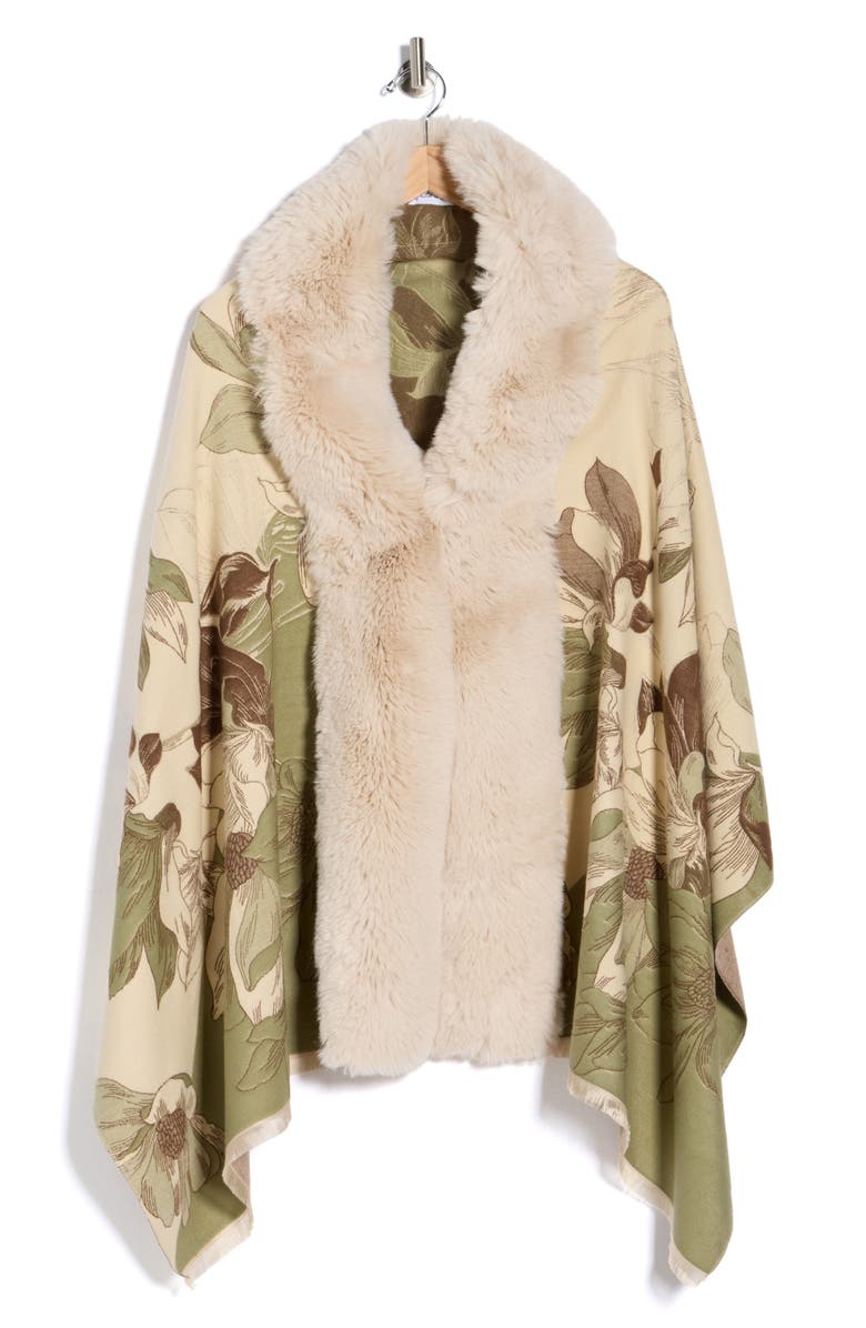 La Fiorentina Faux Fur Trim Floral Wrap, Main, color, Beige