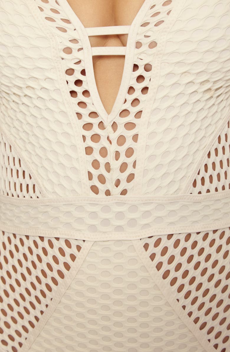 Becca Castaway Fishnet Plunge One-Piece Swimsuit, Alternate, color, Ecru