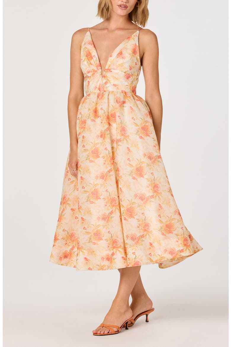 orange floral midi dress Entro Floral Midi Ruffle Collar Dress
