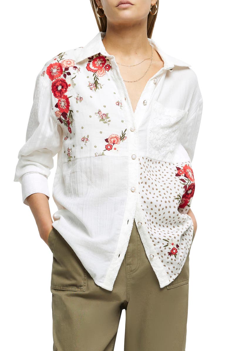 River Island Floral Embroidered Patchwork Lace Button-Up Shirt, Main, color, 