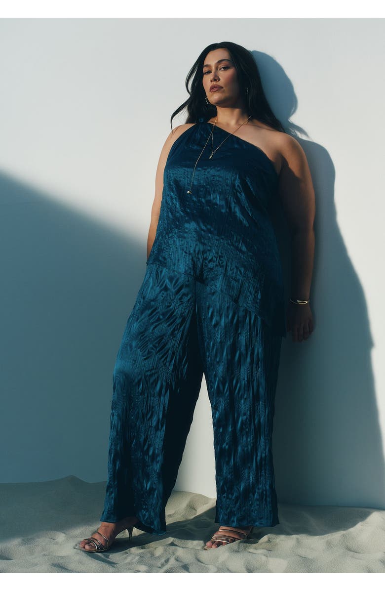 ELOQUII Crinkle Satin Wide-Leg Pant, Main, color, Teal Pine
