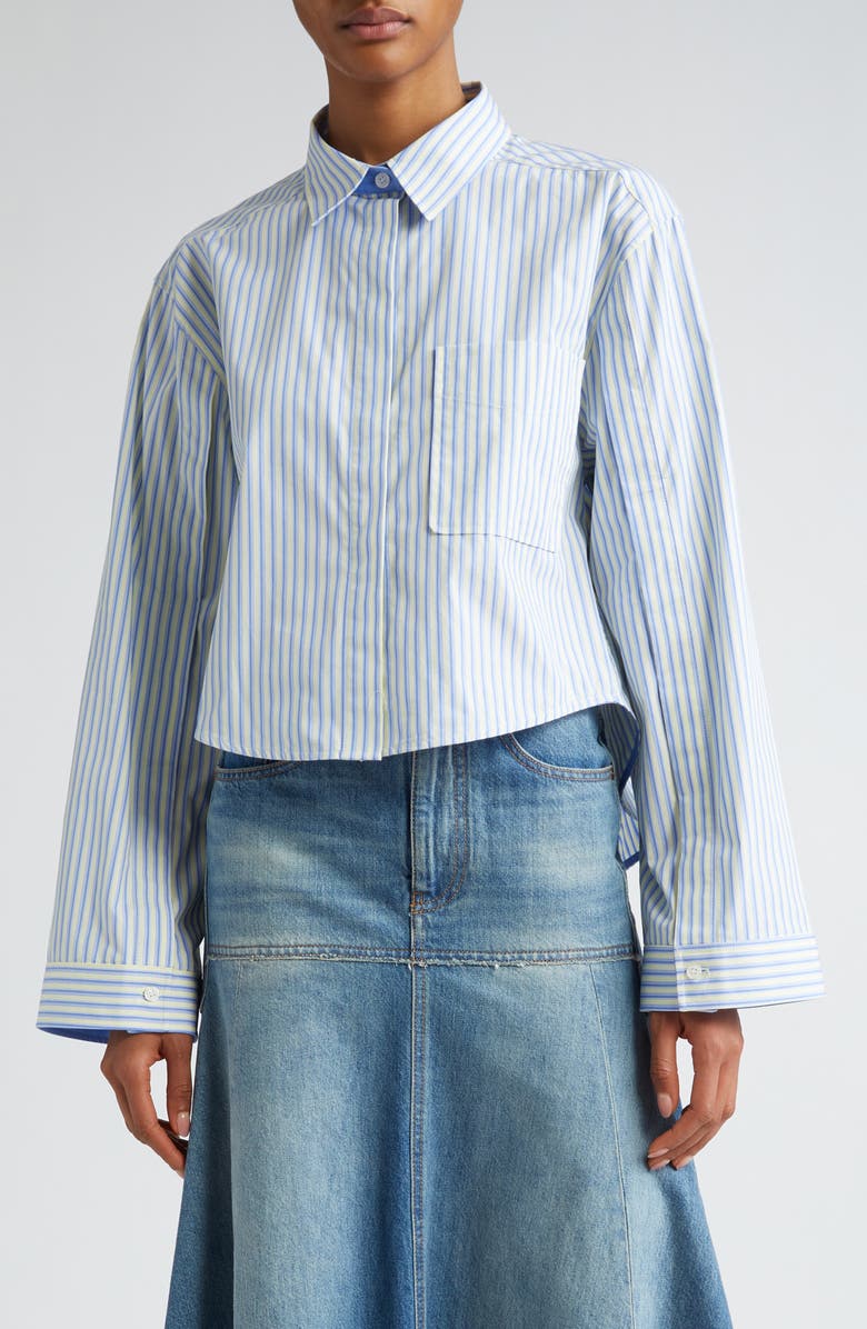 Victoria Beckham Stripe Crop High-Low Organic Cotton Button-Up Shirt, Main, color,