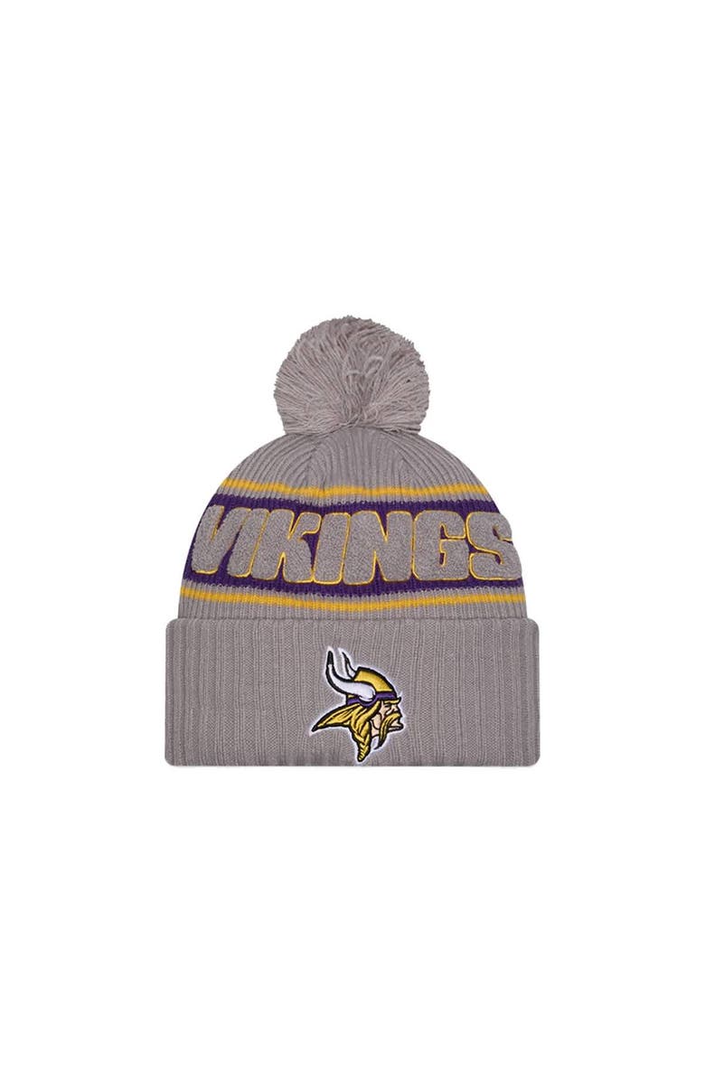 New Era Men's New Era Gray Minnesota Vikings 2024 Sideline Sport Cuffed Knit Hat with Pom, Main, color,