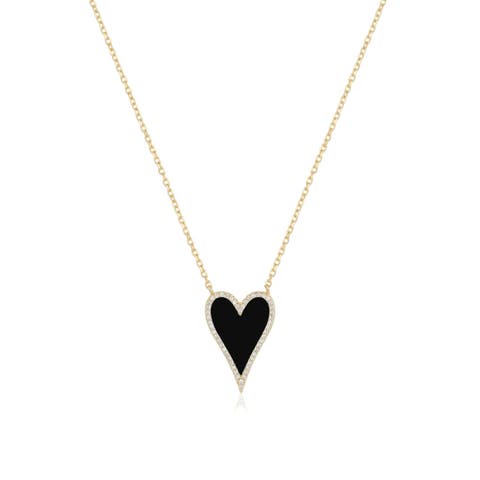 Elongated Onyx CZ Halo Heart Necklace