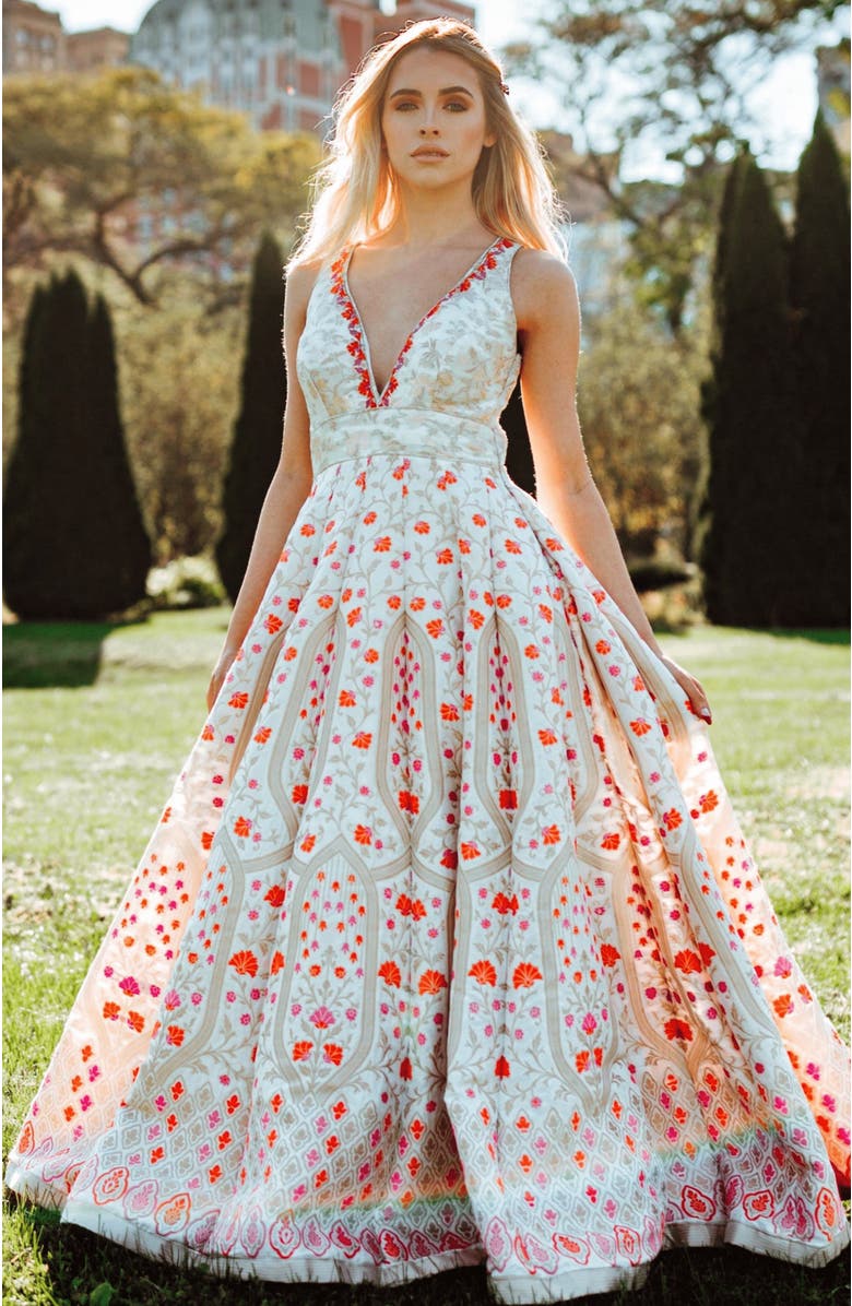 RAAS Selina Embroidered Silk Jacquard Gown, Alternate, color, White