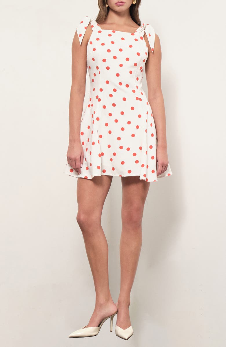 MAUDE CLUB Chelsea Polka Dot Tie Shoulder Minidress, Main, color, White Orange Dots