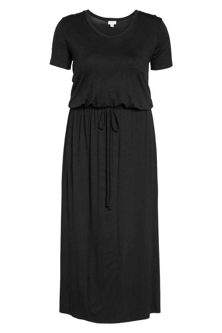 Knit Drawstring Waist Maxi Dress, Alternate, color, BLACK
