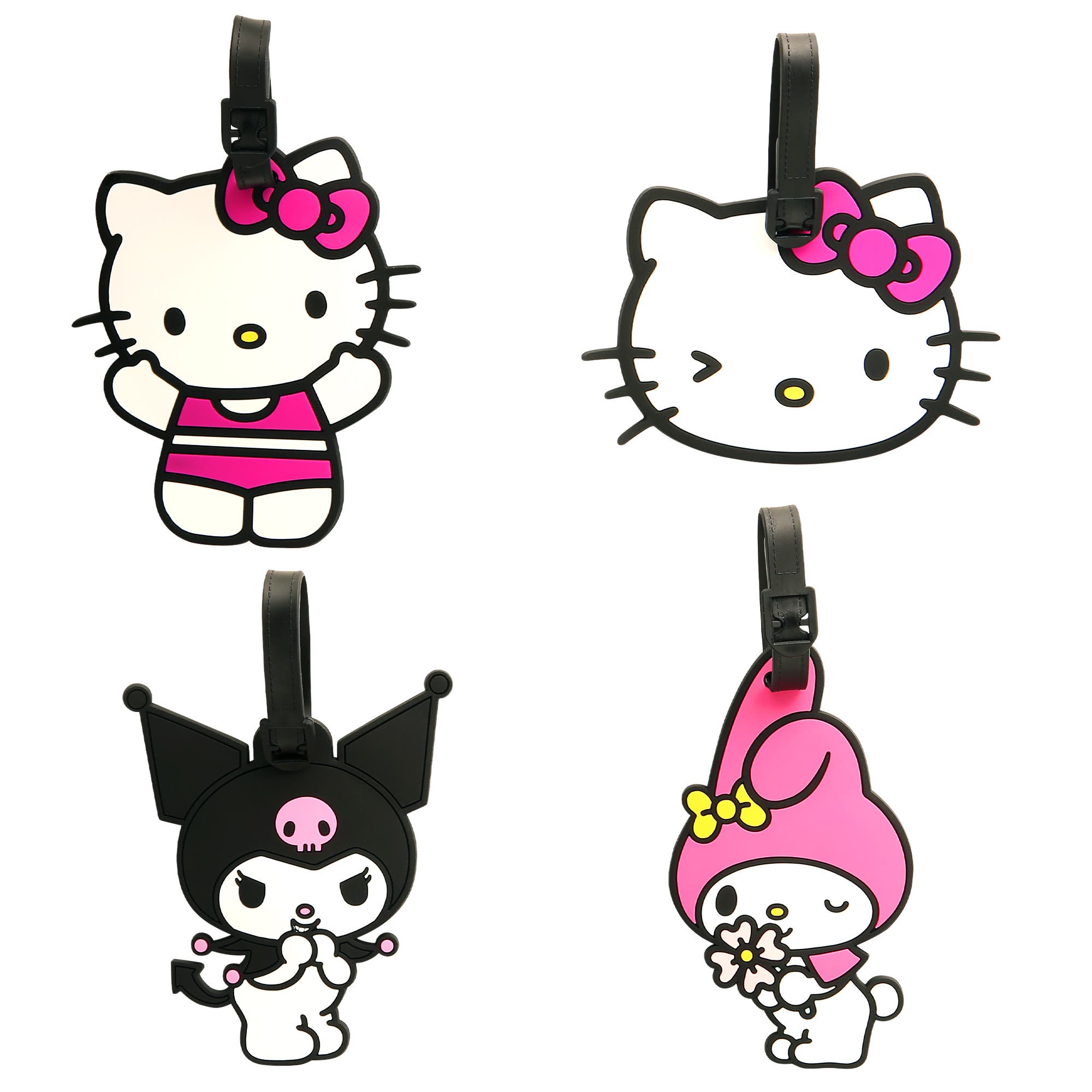 Hello Kitty Luggage Tag Kuromi, My Melody, Hello Kitty Travel Tags, Set of 4, Main, color, White, Pink, Black
