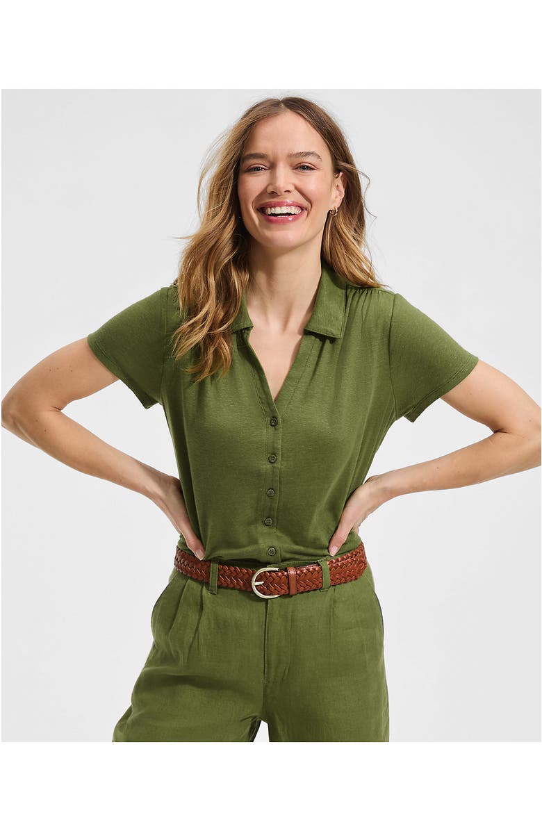 Lands' End Linen Blend Short Sleeve Button Front Polo Top, Alternate, color, Artichoke
