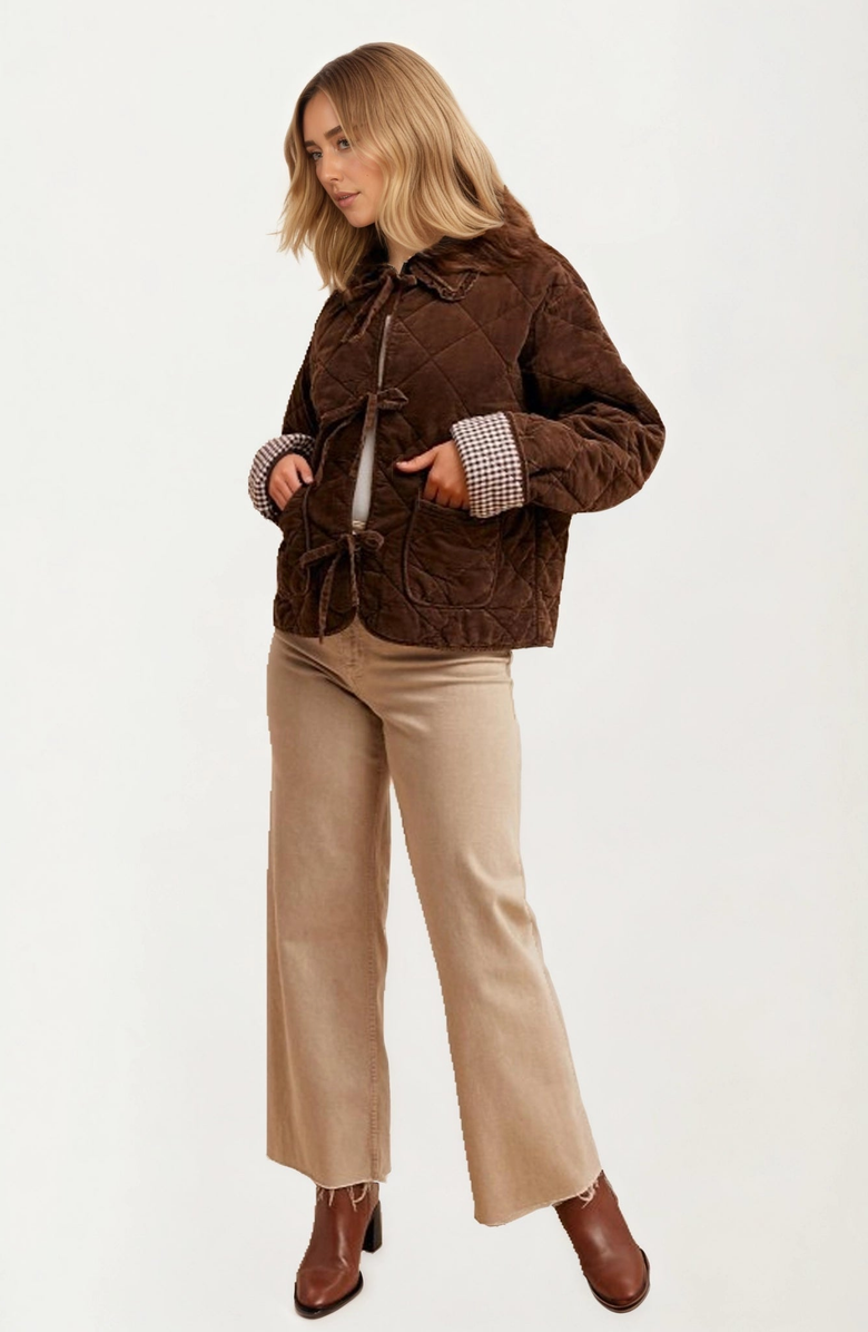 Knit and Lounge Quilted Tie Front Gingham Cuff Jacket, Alternate, color, 