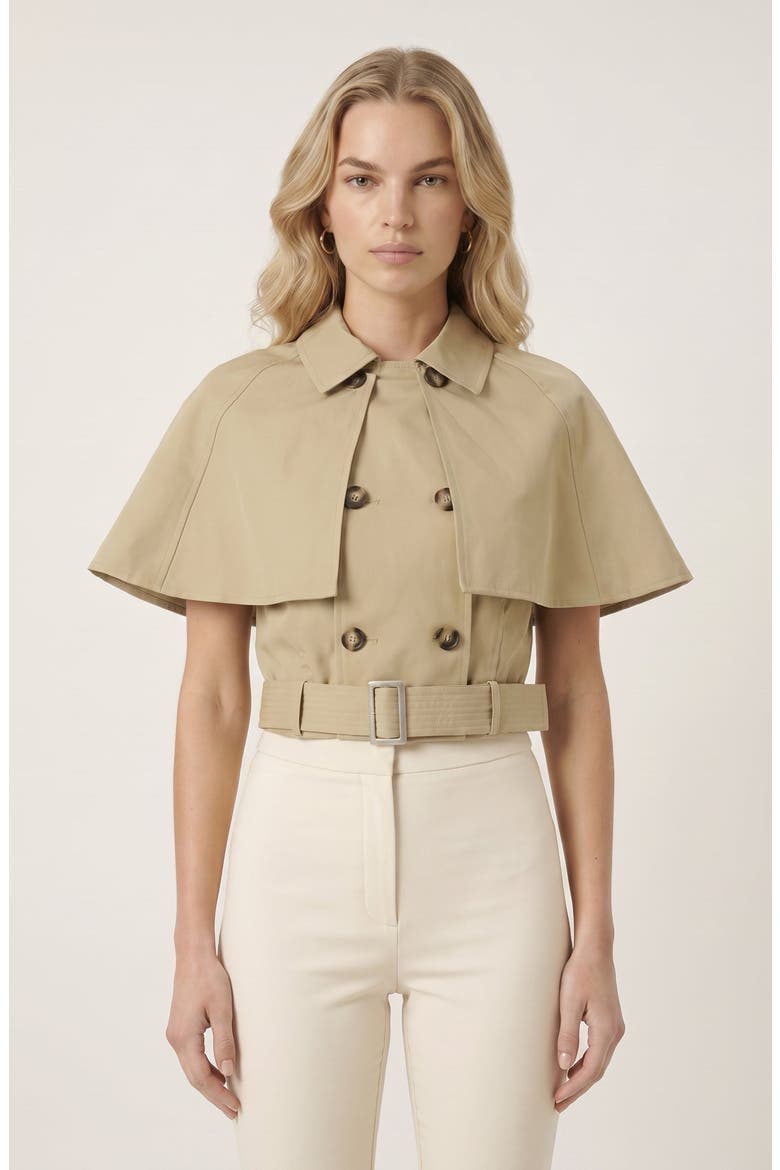 Convertible Cape Trench Vest with Double Breasted Front and Belt, Alternate, color, Khaki