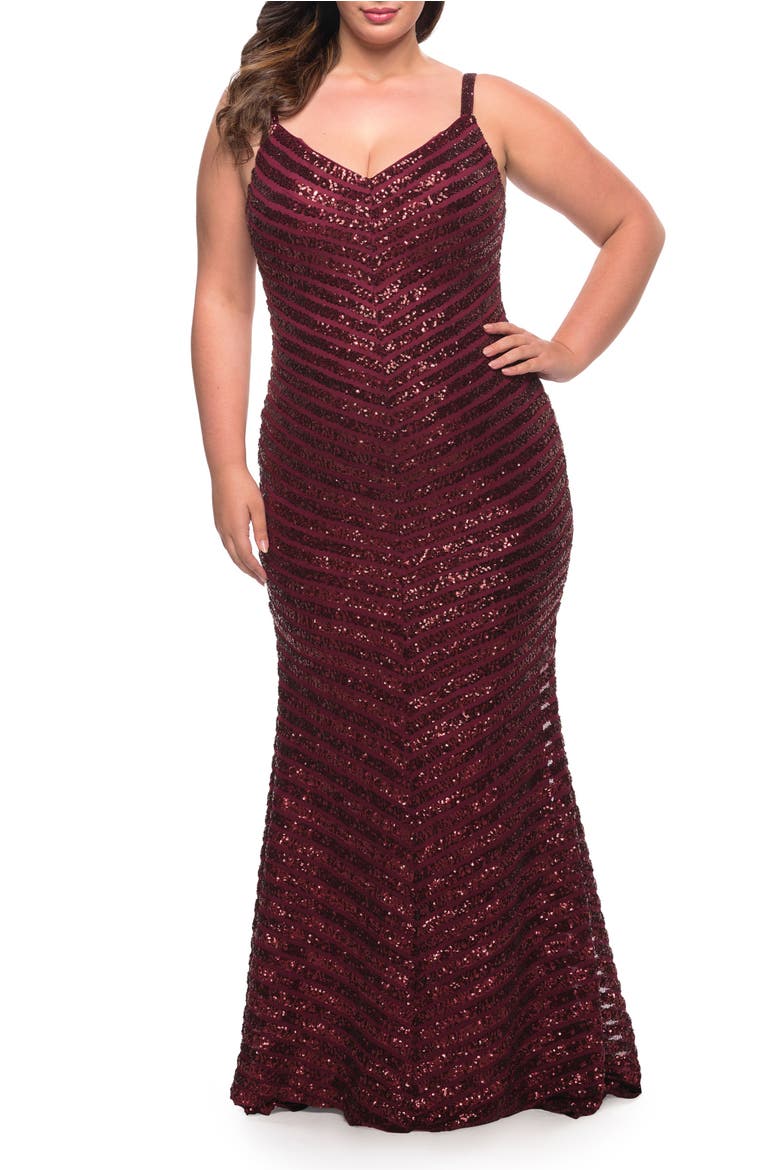 Thick Line Sequin Print Plus Size Gown with V-Neck, Main, color, Wine