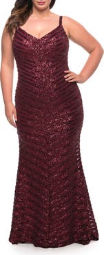 La Femme Thick Line Sequin Print Plus Size Gown with V-Neck