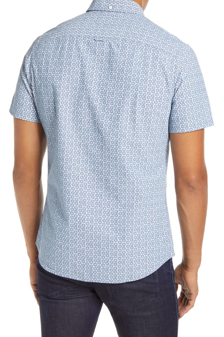 Slim Fit Shibori Geo Print Short Sleeve Button-Down Shirt, Alternate, color, BLUE CHAMBRAY SHIBORI GEO