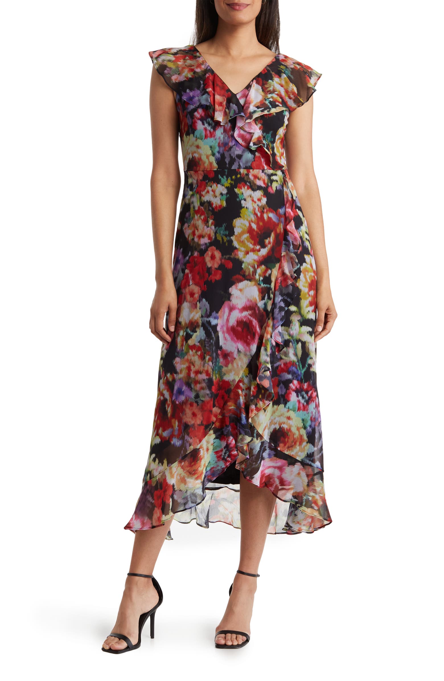 London Times Floral Ruffle Faux Wrap Maxi Dress | Nordstromrack