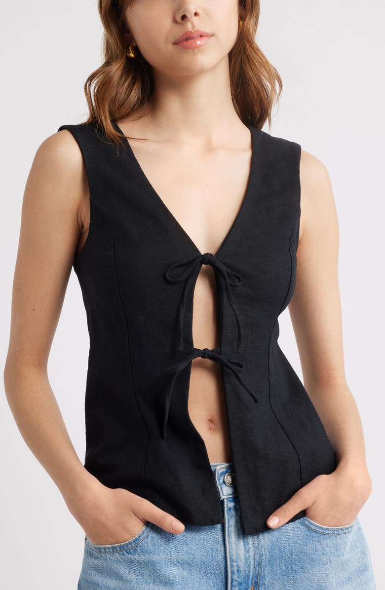Open Edit Tie Front Linen Blend Top, Main, color, Black