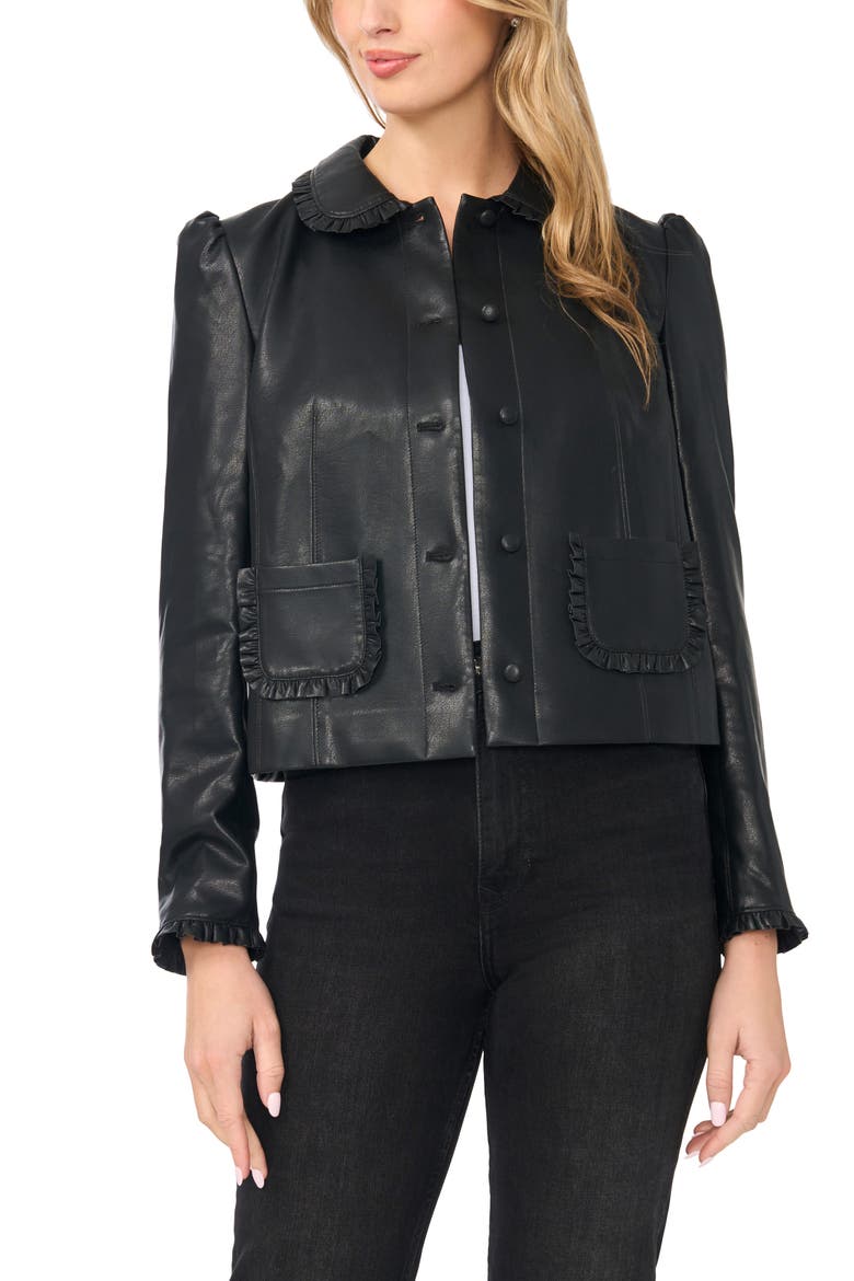 Crop Ruffle Trim Faux Leather Jacket, Alternate, color, RICH BLACK