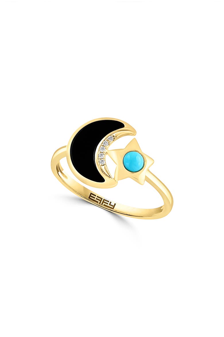 Onyx Turquoise Diamond Crescent Moon & Star Ring - 0.01ct., Main, color, YELLOW GOLD MULTI