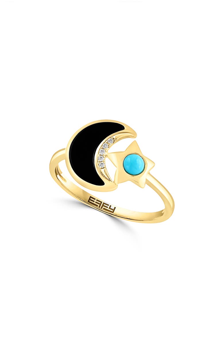 EFFY Onyx Turquoise Diamond Crescent Moon & Star Ring - 0.01ct., Main, color, Yellow Gold Multi