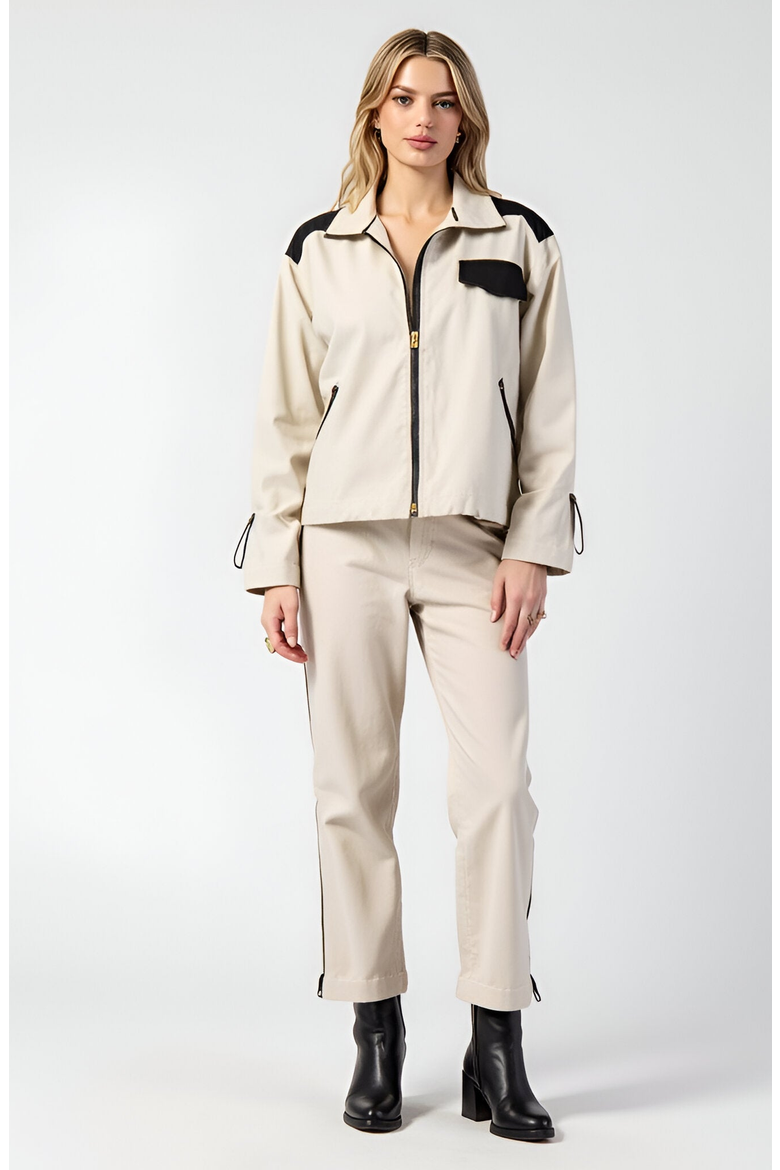 Cropped Zip-Up Jacket with Contrast Pockets, Alternate, color, Beige