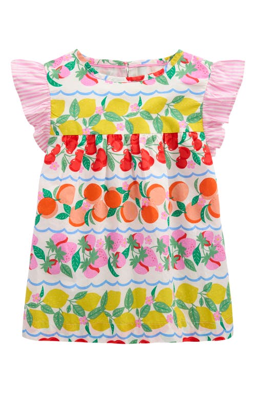 Mini Boden Kids' Fruit Print Flutter Sleeve Cotton Top In Rainbow Fruit Stripe