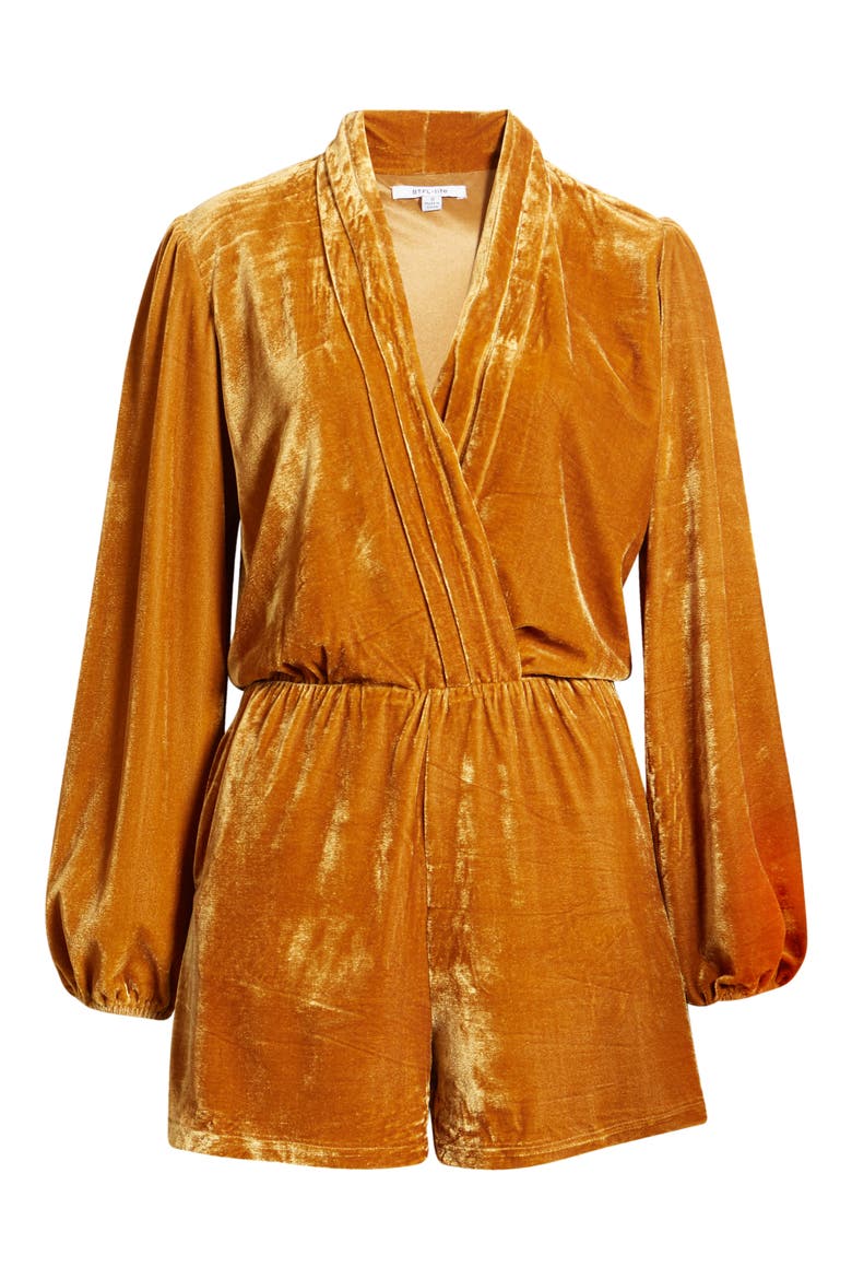 Nama Surplice V-Neck Bracelet-Sleeve Velvet Romper, Alternate, color, GOLDEN OCHRE