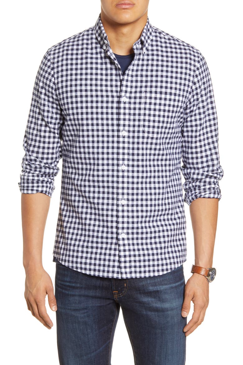 1901 Heather Gingham Linen Blend Slim Fit Sport Shirt, Alternate, color, BLUE ESTATE WHITE GINGHAM