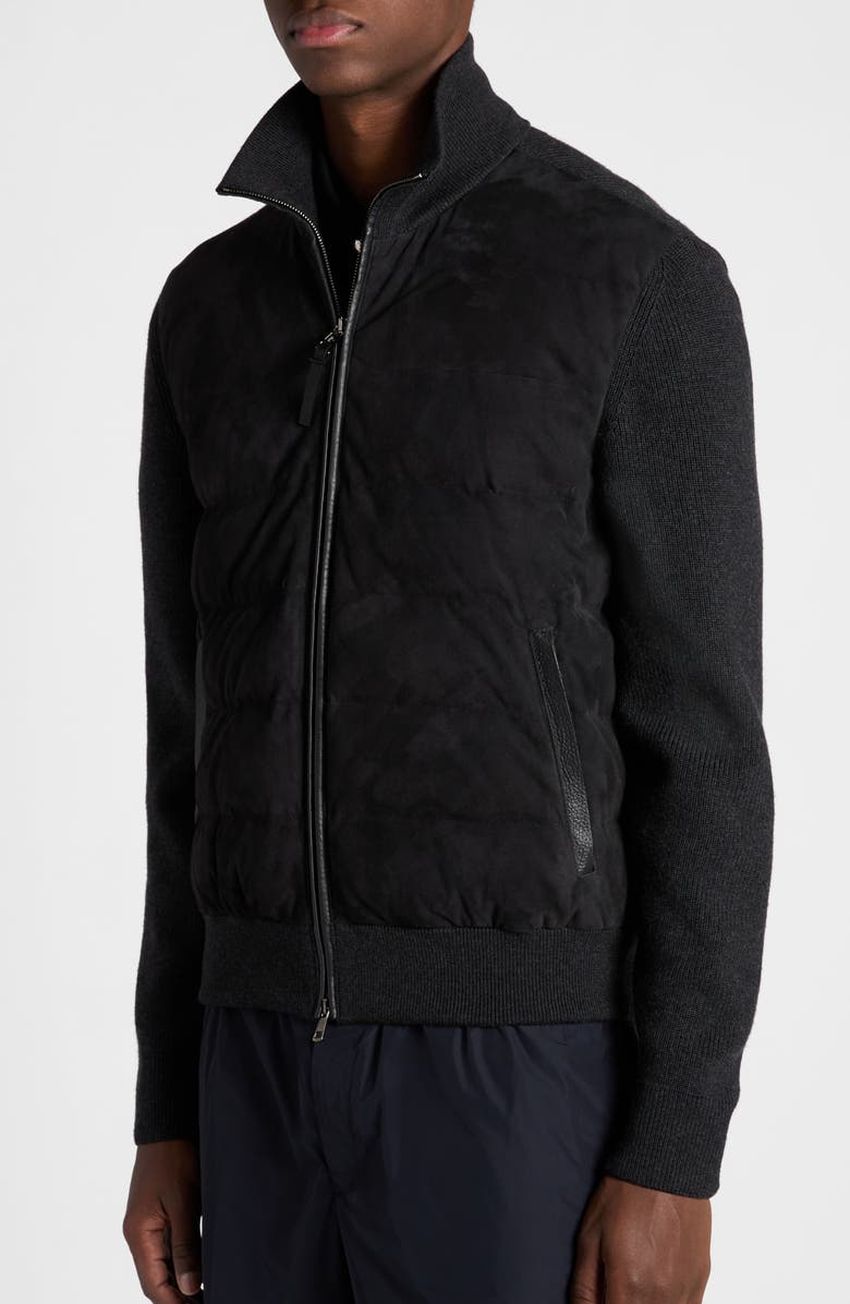 Moncler Mixed Media Quilt Front Virgin Wool Cardigan, Alternate, color, 