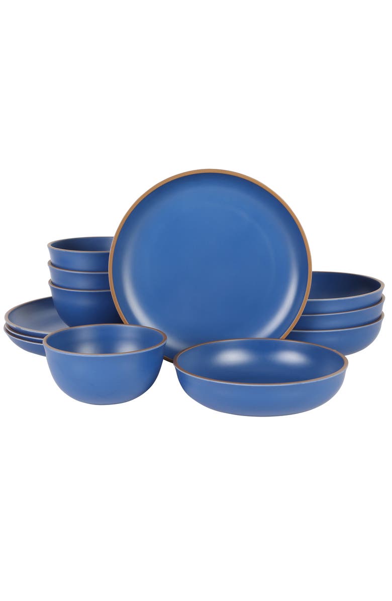 Gibson Home Rockabye 12 Piece Double Bowl Malemine Dinnerware Set, Main, color, Blue