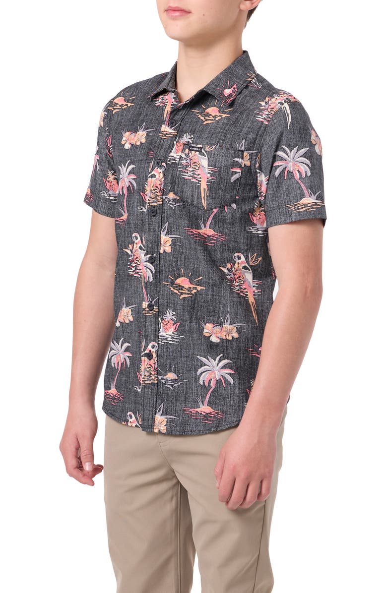O'Neill Kids' Oasis Palm Tree Print Short Sleeve Button-Up Shirt, Alternate, color, Black Palms