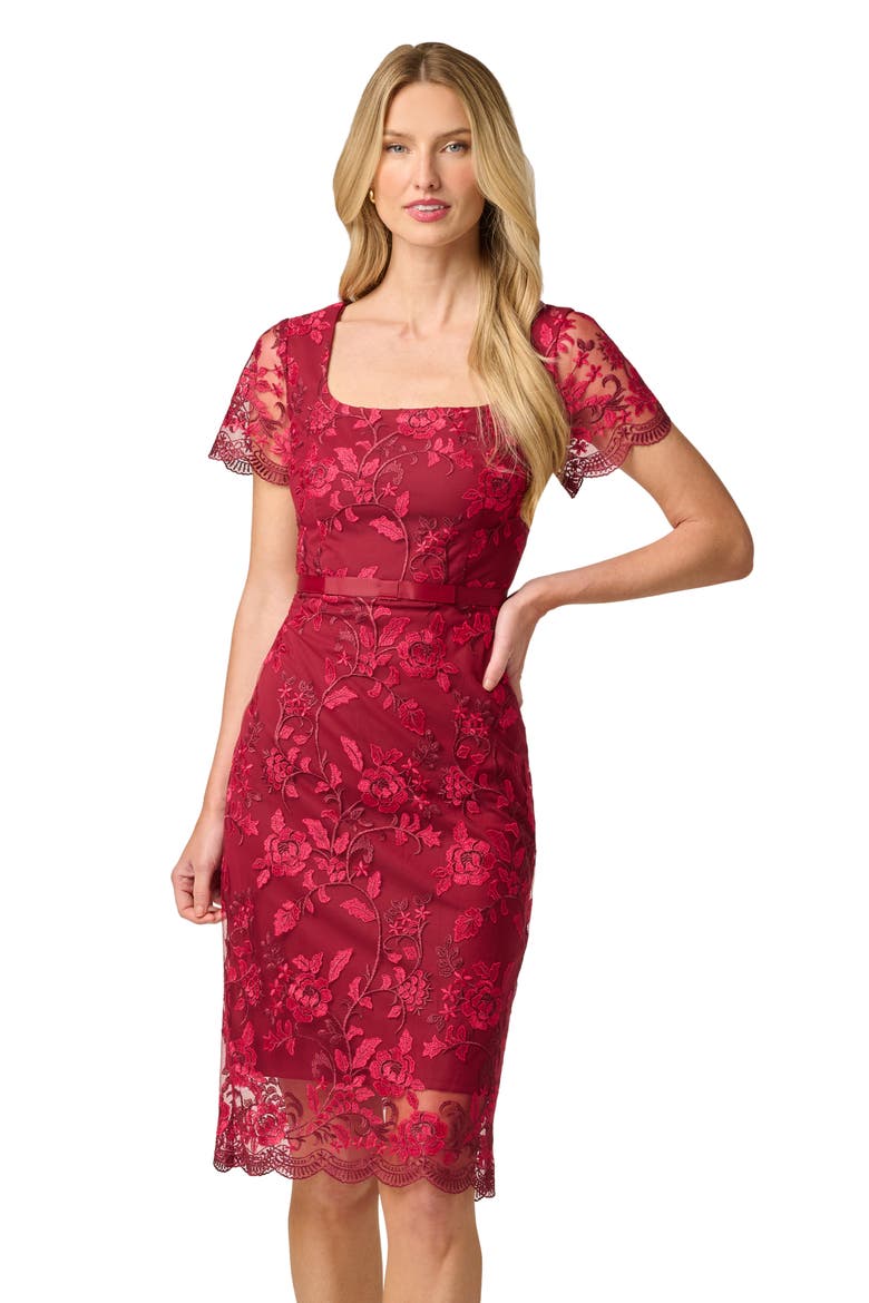 Floral Embroidered Belted Sheath Dress, Alternate, color, BURGUNDY/ PINK