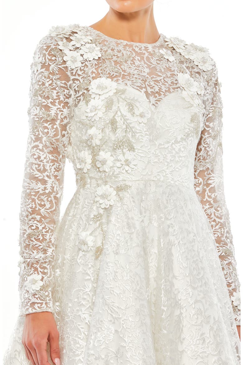 Floral Embroidered & Beaded Long Sleeve Mesh Gown, Alternate, color, WHITE