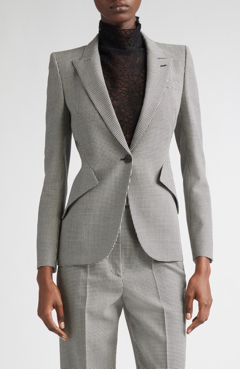 McQueen Micro Houndstooth Wool & Mohair Blazer, Main, color, Black/ Ivory