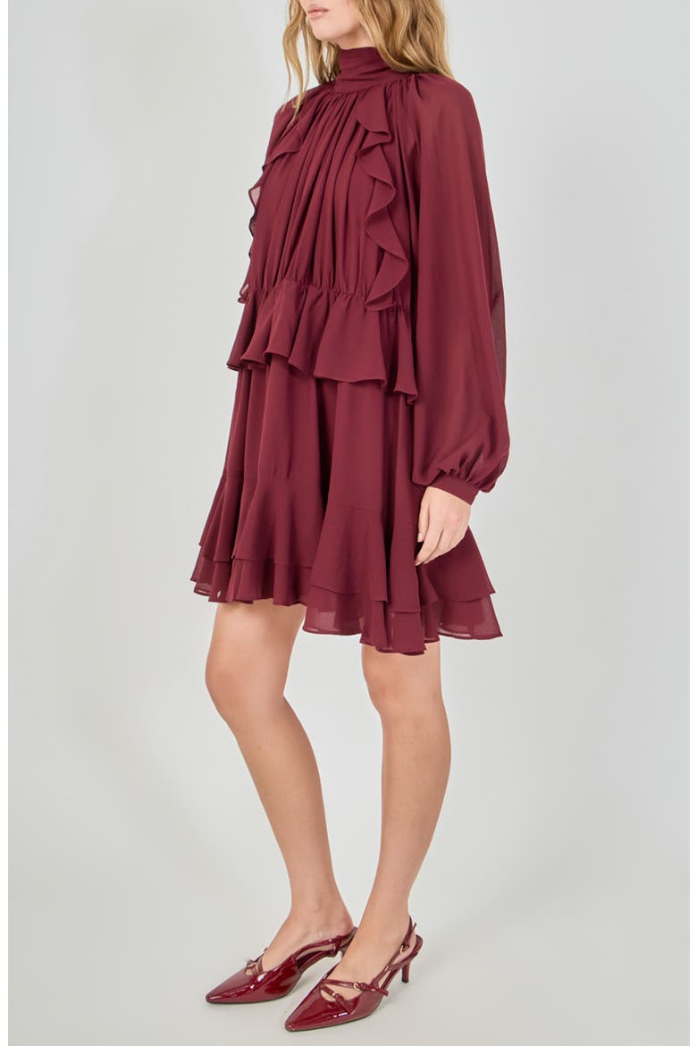 Ruffle Tie Back Long Sleeve Chiffon Dress, Alternate, color, BORDEAUX