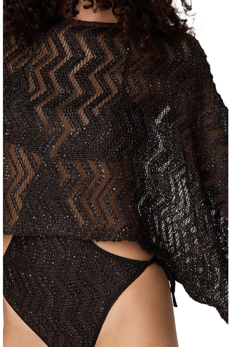 Zigzag Mesh Top With Sequins And Wide Sleeves, Alternate, color, Brown