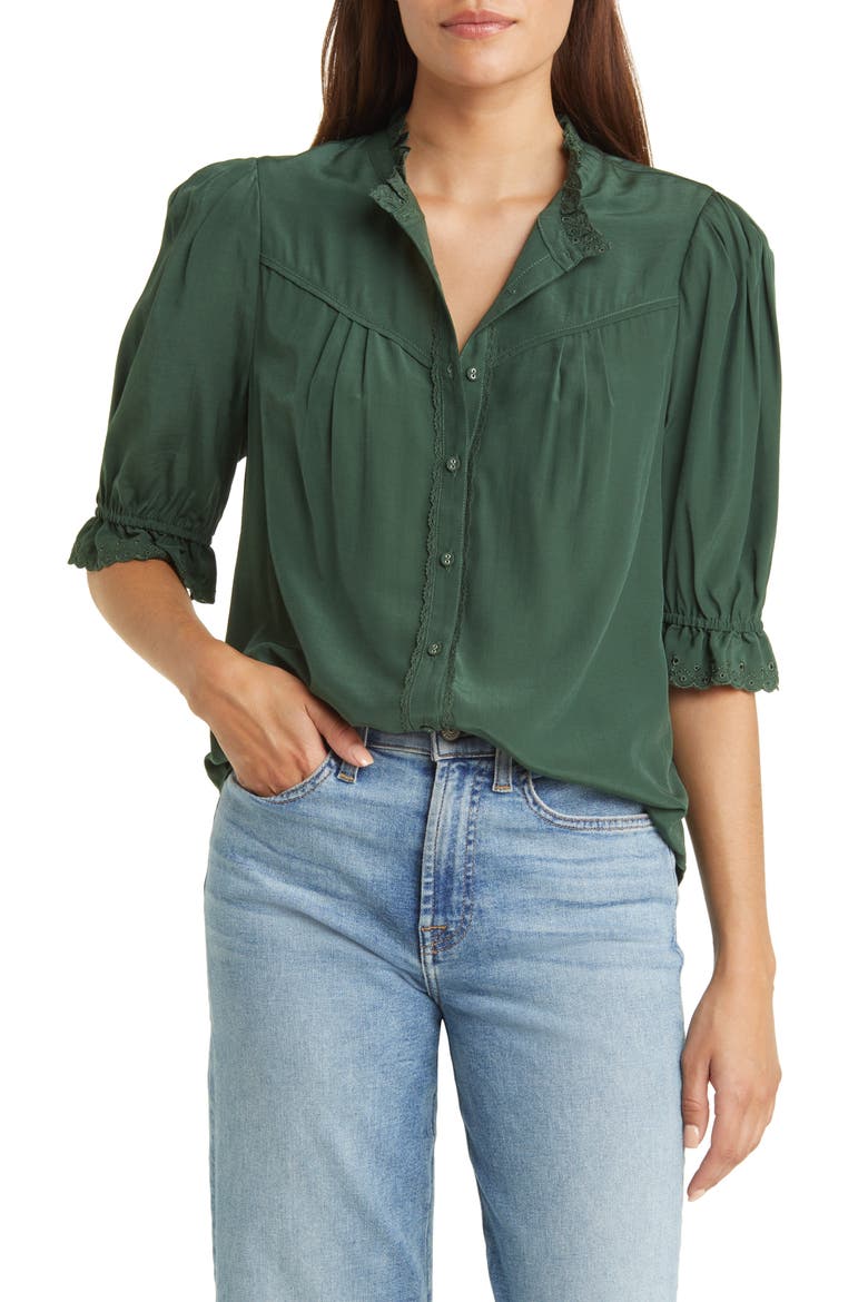 Eyelet Accent Top (Nordstrom Exclusive), Main, color, BOTTLE GREEN