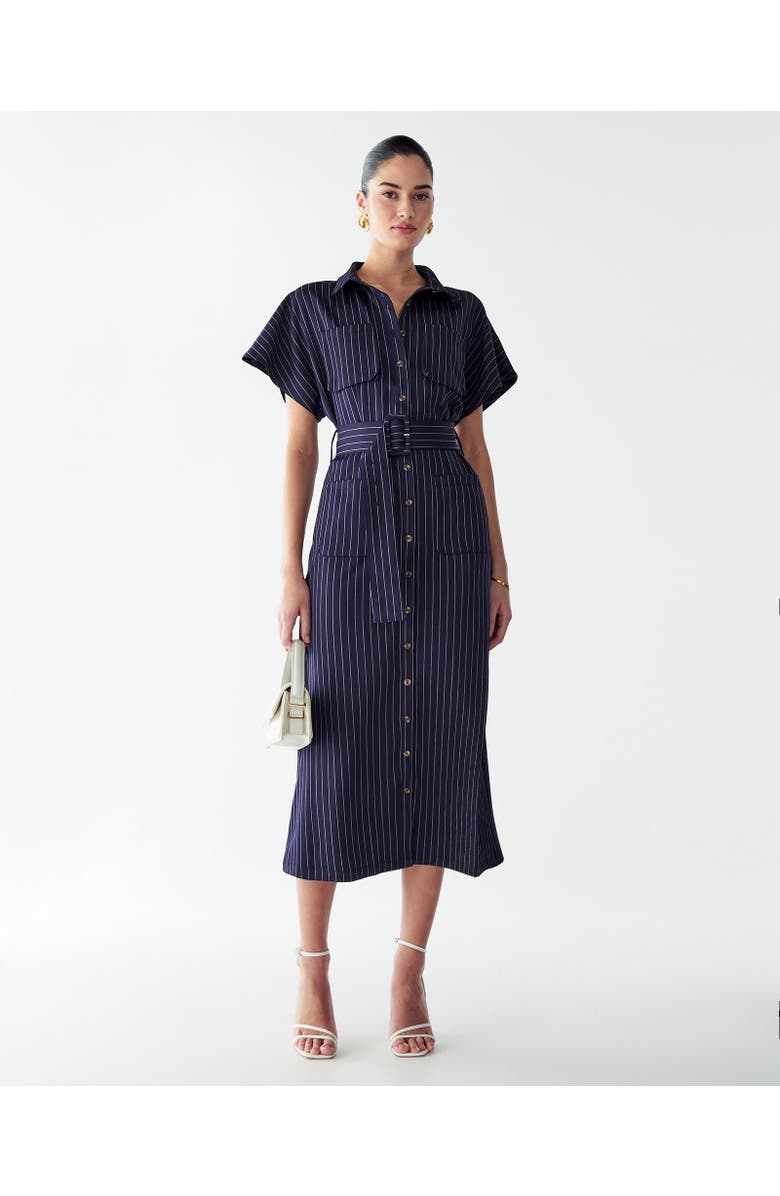 WILLA Wichita Midi Dress, Alternate, color, Navy Pinstripe