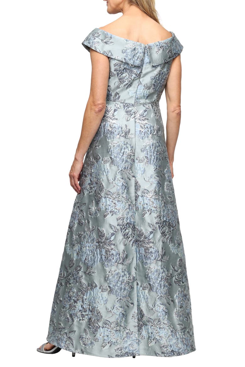 Metallic Floral Jacquard Off the Shoulder Gown, Alternate, color, ICE SAGE