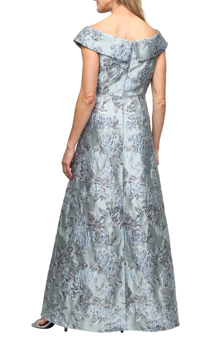Alex Evenings Metallic Floral Jacquard Off the Shoulder Gown, Alternate, color, Ice Sage