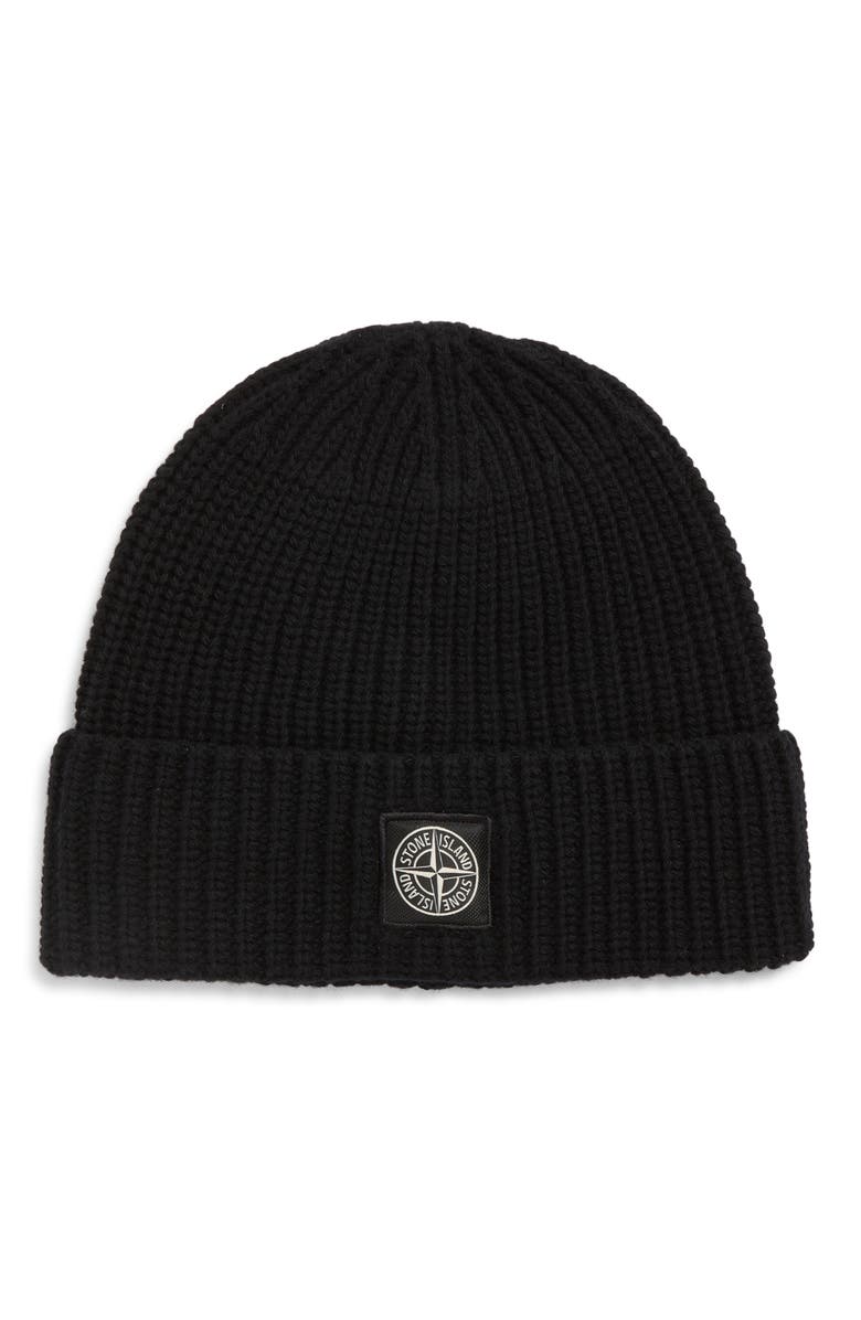 Stone Island Logo Patch Virgin Wool Rib Beanie, Main, color, V0029 Black
