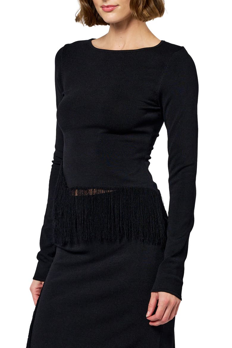 Luna Fringed Long Sleeve Top, Alternate, color, BLACK