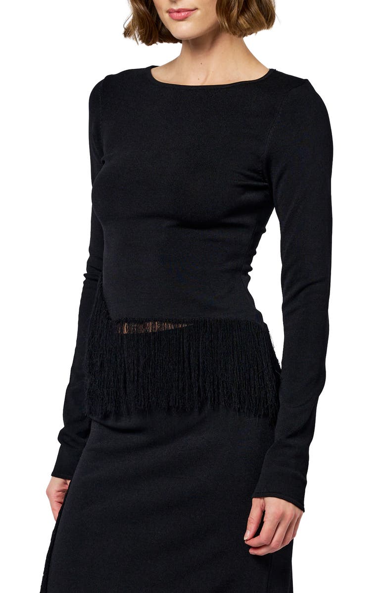 CIEBON Luna Fringed Long Sleeve Top, Alternate, color, Black