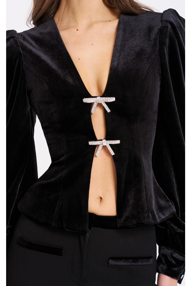 Krista Velvet Lantern Sleeve Top with Crystal Bow, Alternate, color, Black