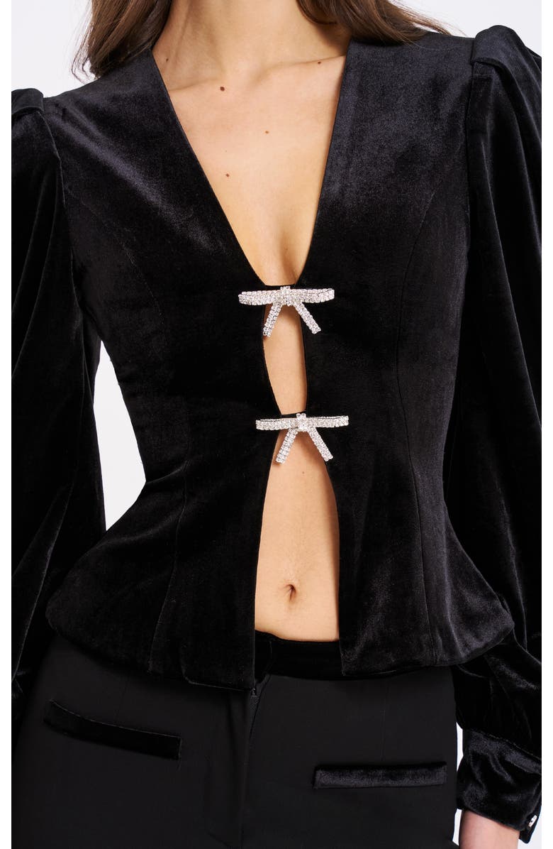 Miss Circle Krista Velvet Lantern Sleeve Top with Crystal Bow, Alternate, color, Black