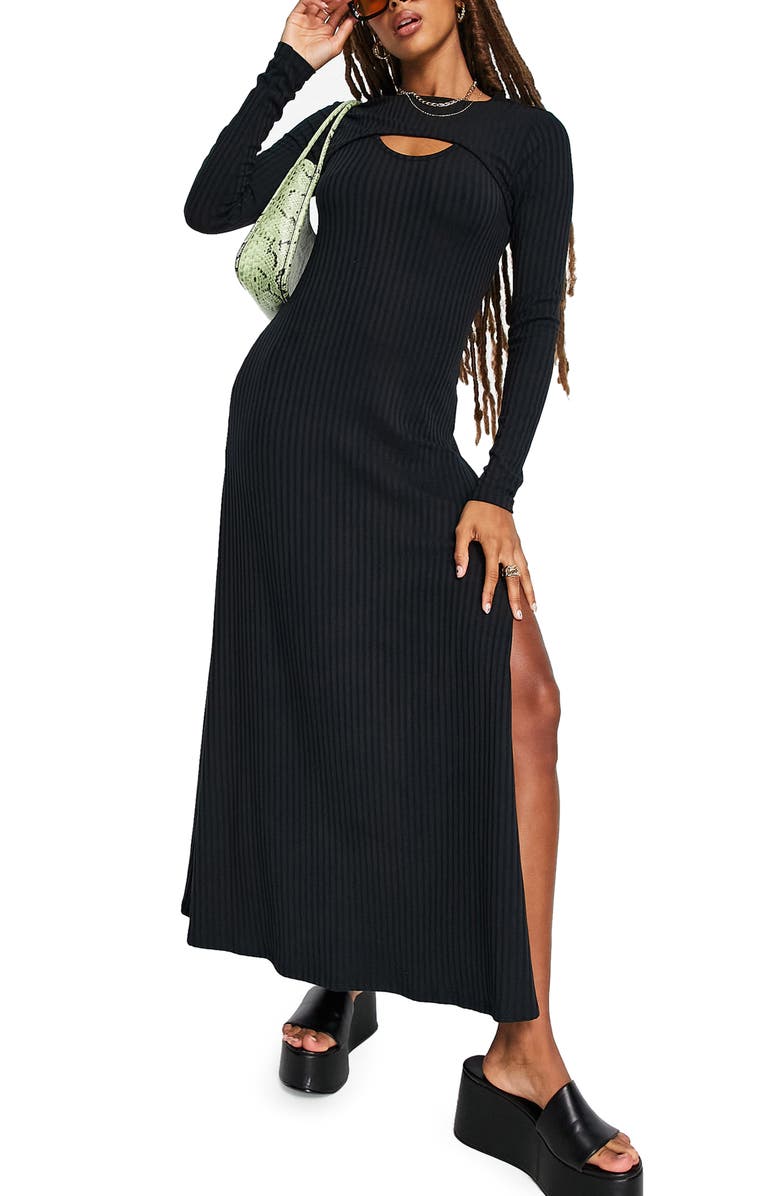 Topshop Long Sleeve Overlay Ribbed Maxi Dress, Main, color, 