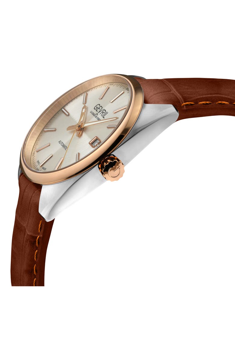 GEVRIL Five Points Croc Embossed Leather Strap Watch, 43mm, Alternate, color, Brown